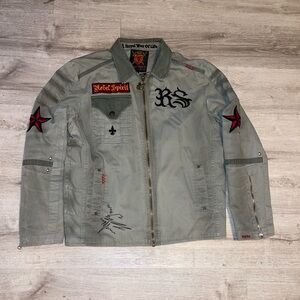 Rebel Spirit Gray Bomber Jacket with Red Accents